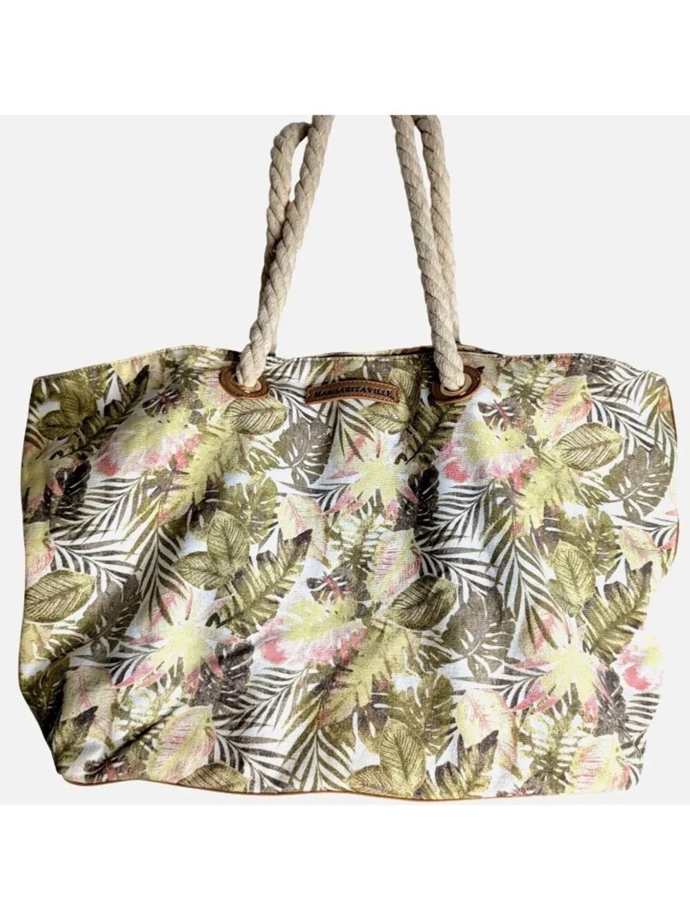 Margaritaville Tropical Print Canvas Tote Bag With Rope Handles & Faux Leather B - Picture 11 of 11